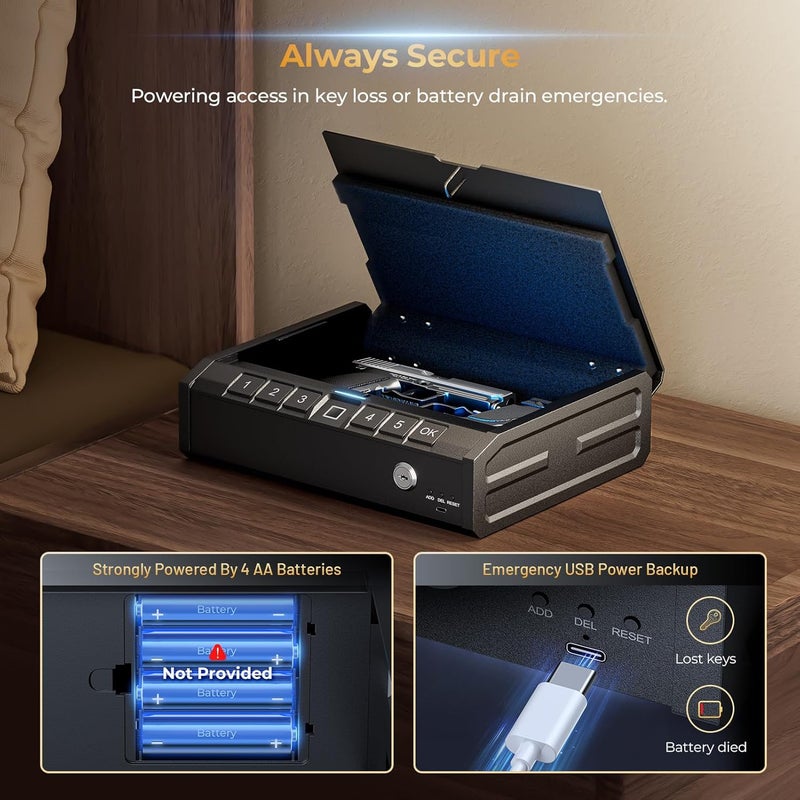 ONNAIS Iron PRO Biometric Fingerprint Gun Safe for Handgun, Swift Entry Gun Lock Box Featuring with Interior Light and Emergency Power Supply, Pistol Safes for Home, Nightstand, Bedside, and Car - Image 4